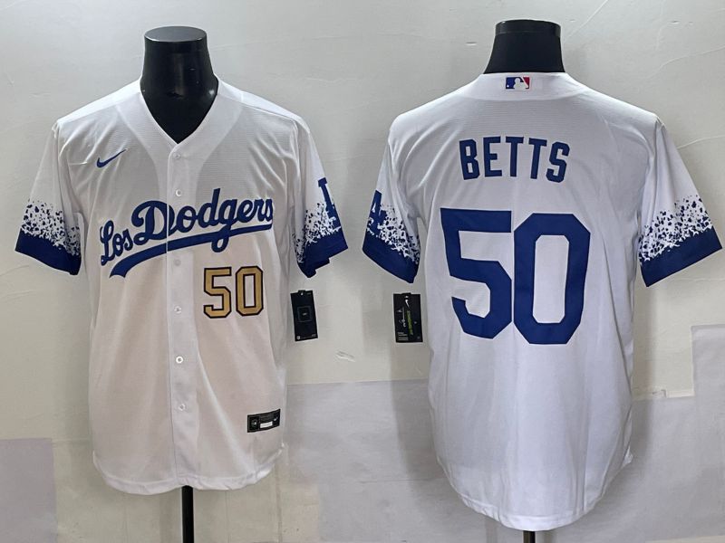 Men Los Angeles Dodgers #50 Betts White blue City Edition Nike MLB Jersey style 3